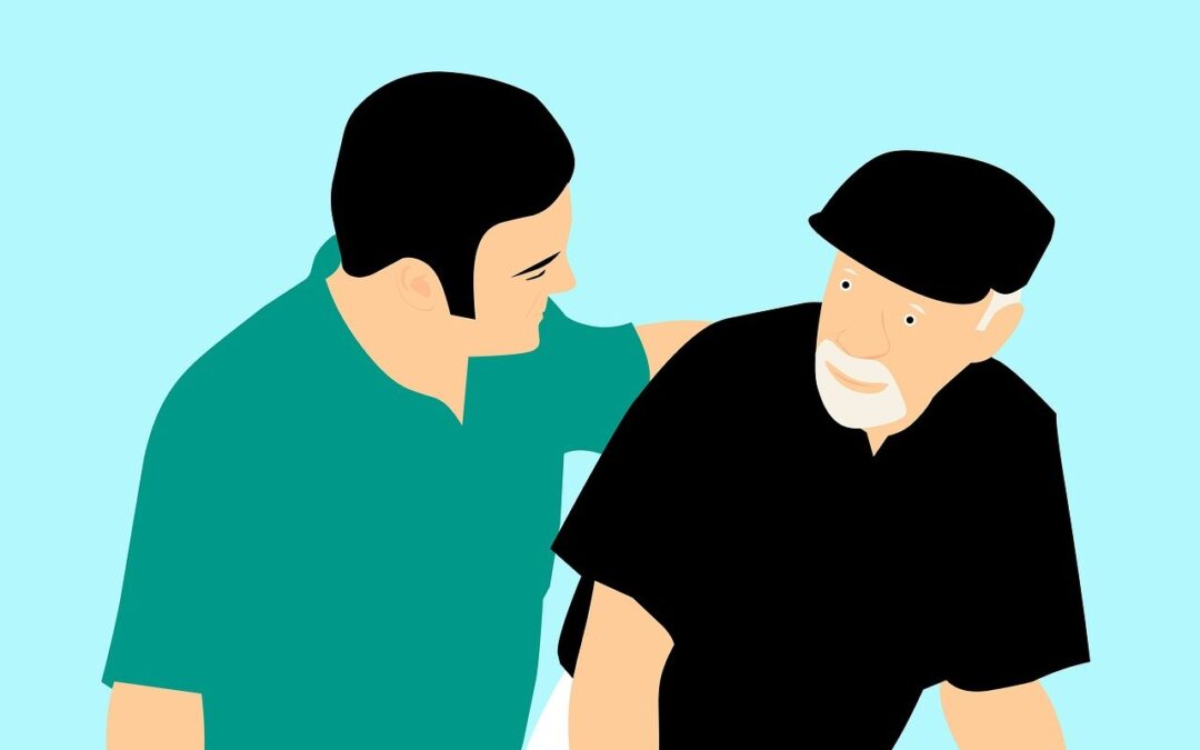 Illustration of younger man with his arm around an older man
