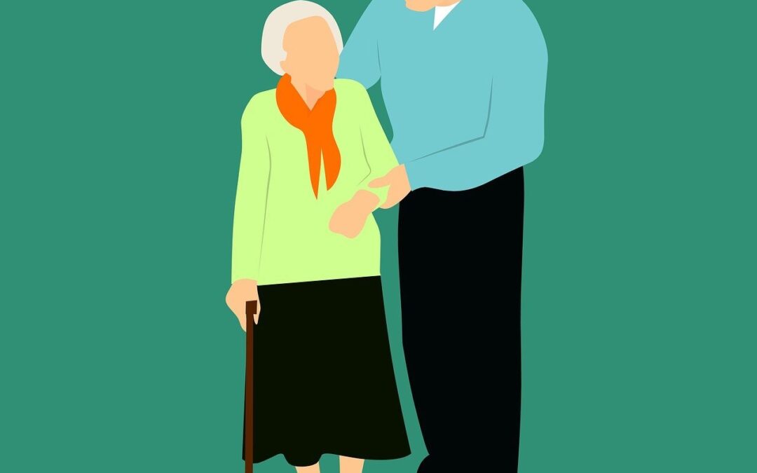 Drawing of elderly woman with can walking with her son